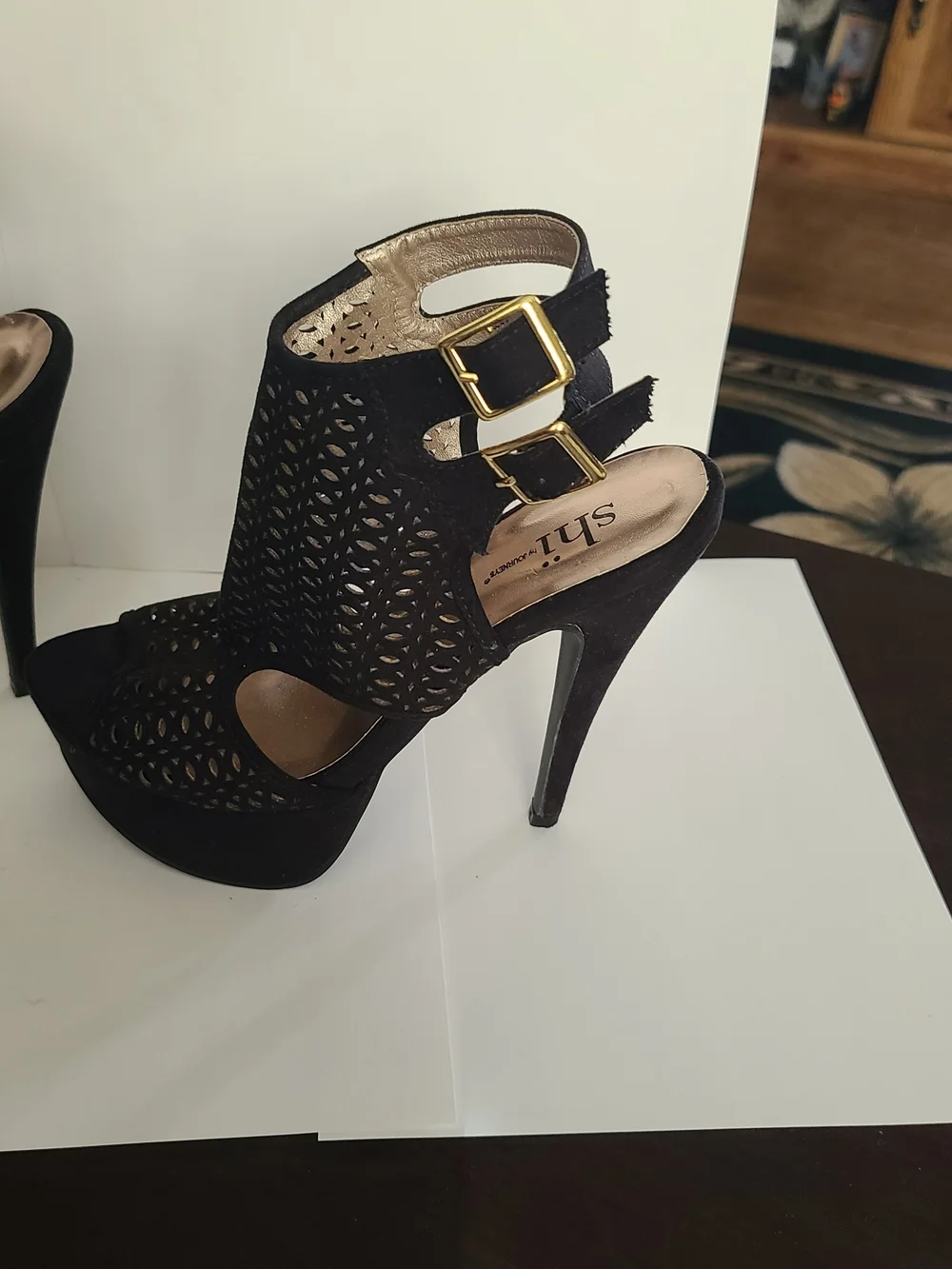 Shi by JOURNEYS Black Laser-Cut Platform Ankle-Strap Heels